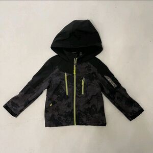 Snozu softshell hooded jacket boys In charcoal grey digital camo with neon 10/12